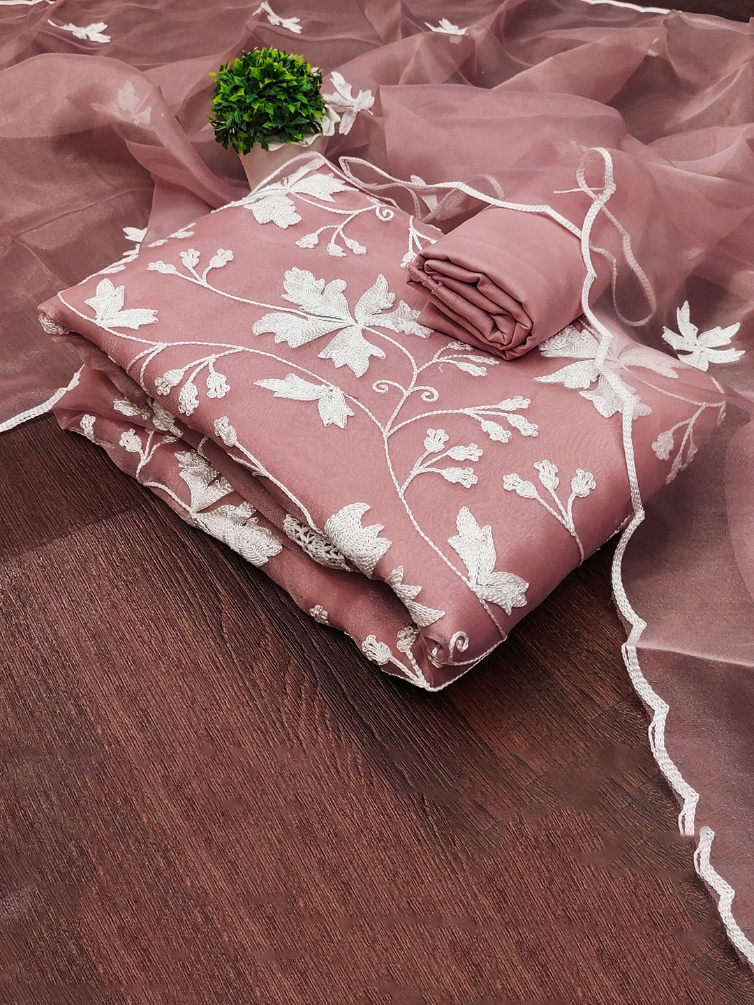 

MANVAA Floral Embroidered Organza Unstitched Dress Material, Pink