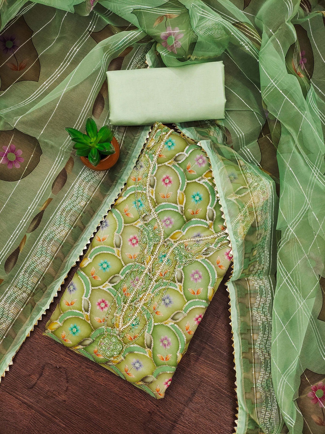 

MANVAA Floral Printed Sequinned Organza Unstitched Dress Material, Green