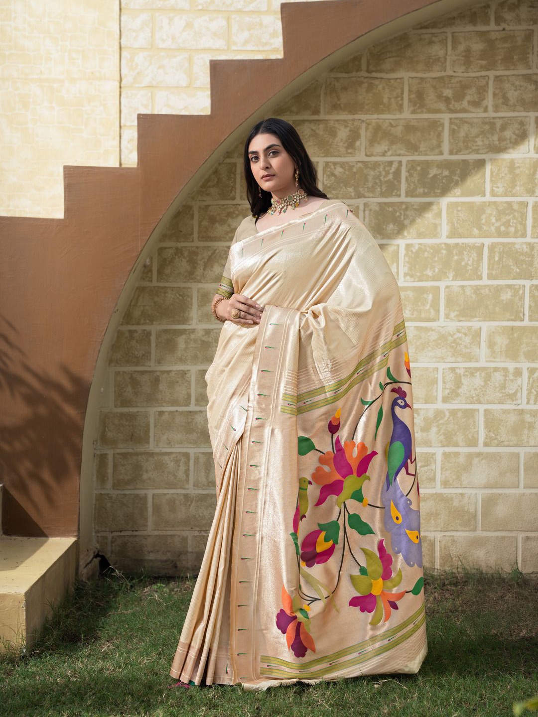

ISHIKA FAB Woven Design Zari Paithani Saree, Cream