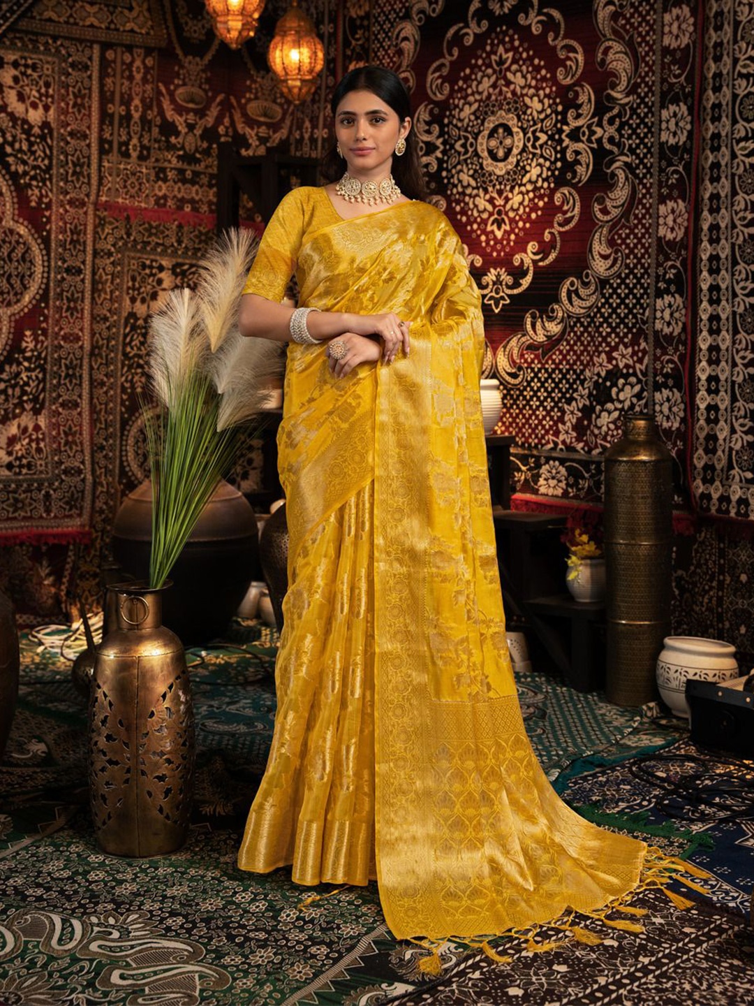 

ISHIKA FAB Woven Design Zari Organza Saree, Yellow