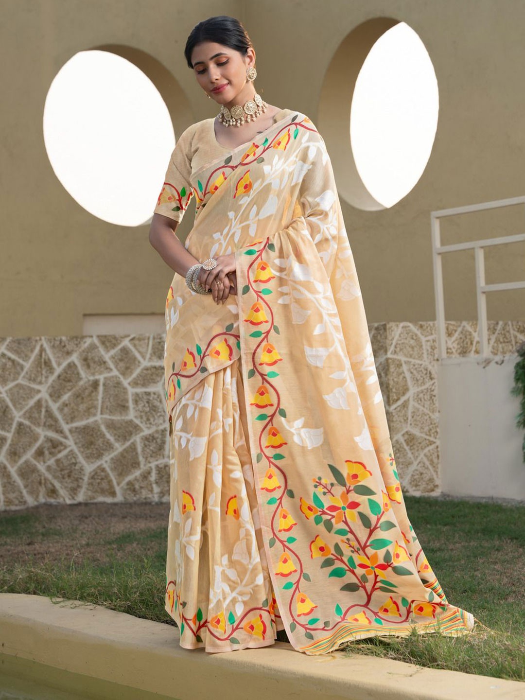 

ISHIKA FAB Floral Woven Design Zari Pure Cotton Jamdani Saree, Beige