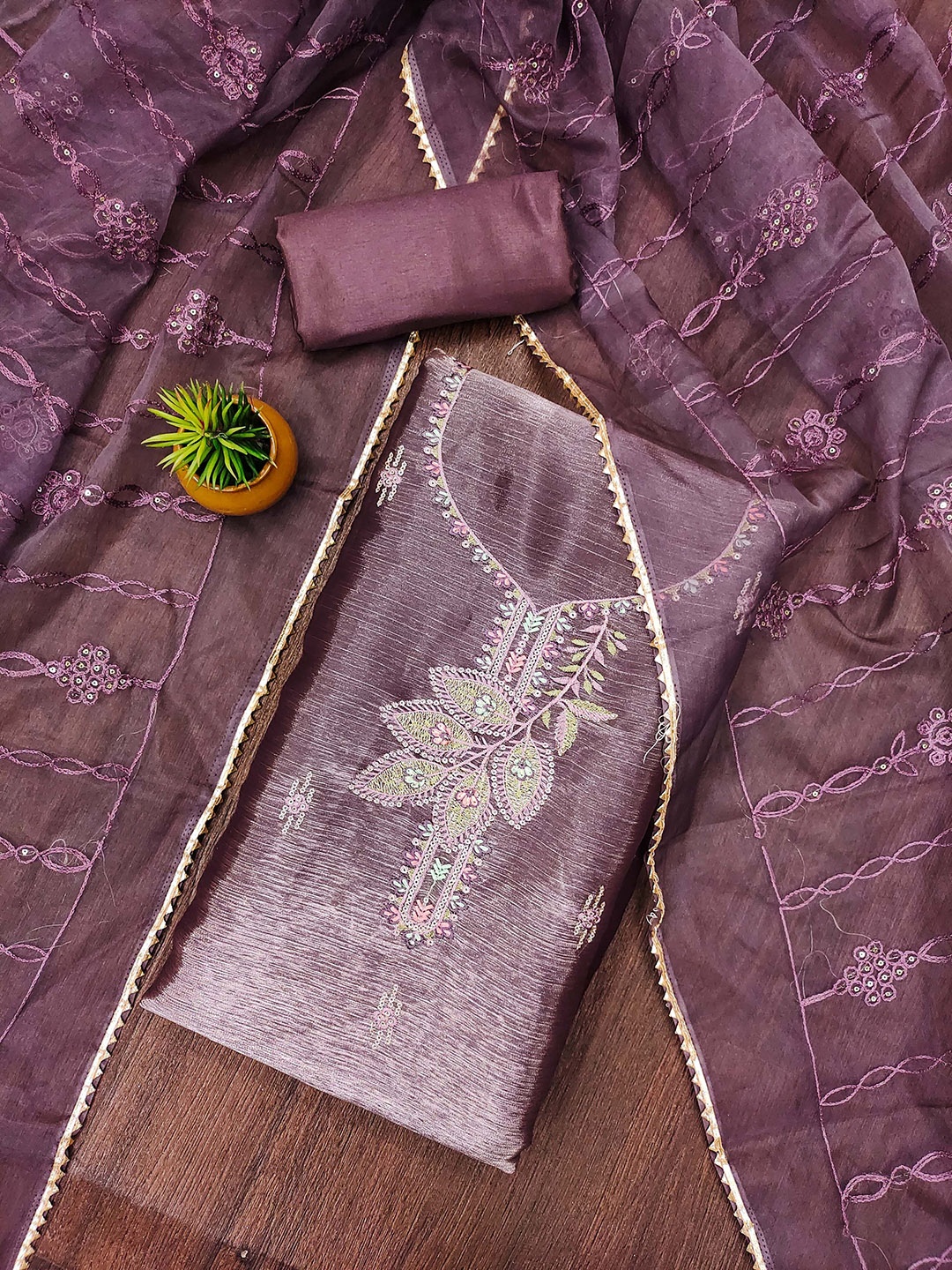

MANVAA Floral Embroidered Sequinned Unstitched Dress Material, Lavender