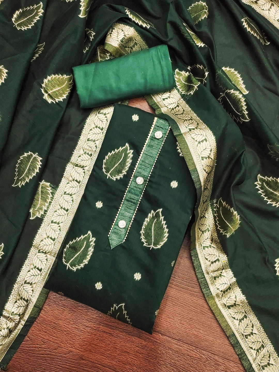 

MANVAA Floral Woven Design Unstitched Dress Material, Green
