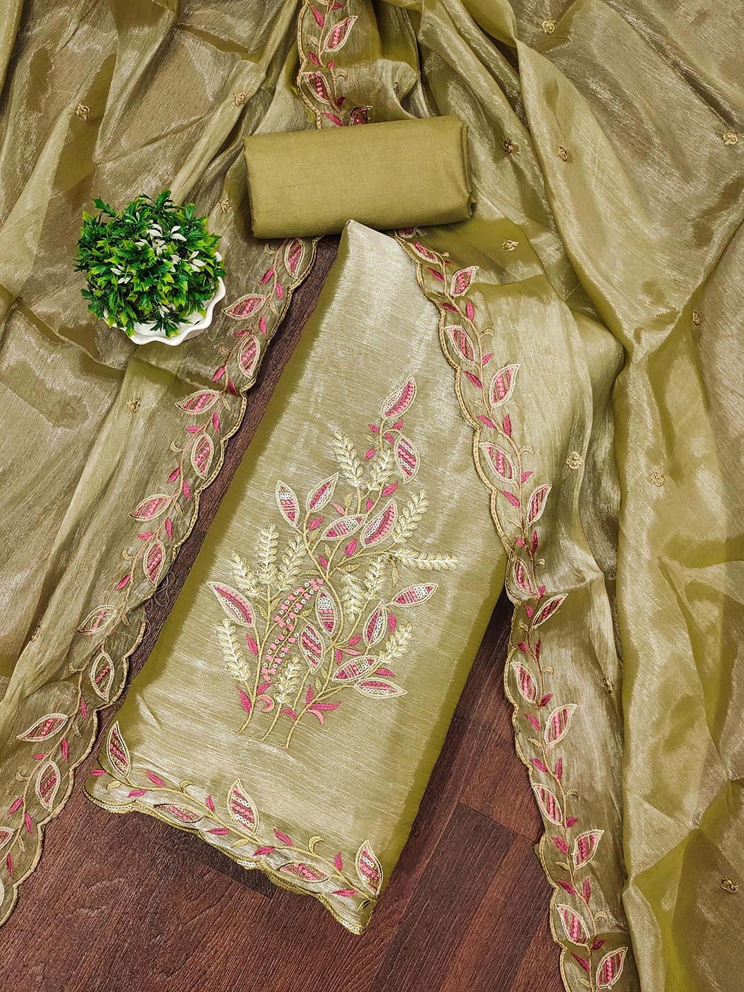 

MANVAA Floral Embroidered Sequinned Unstitched Dress Material, Olive
