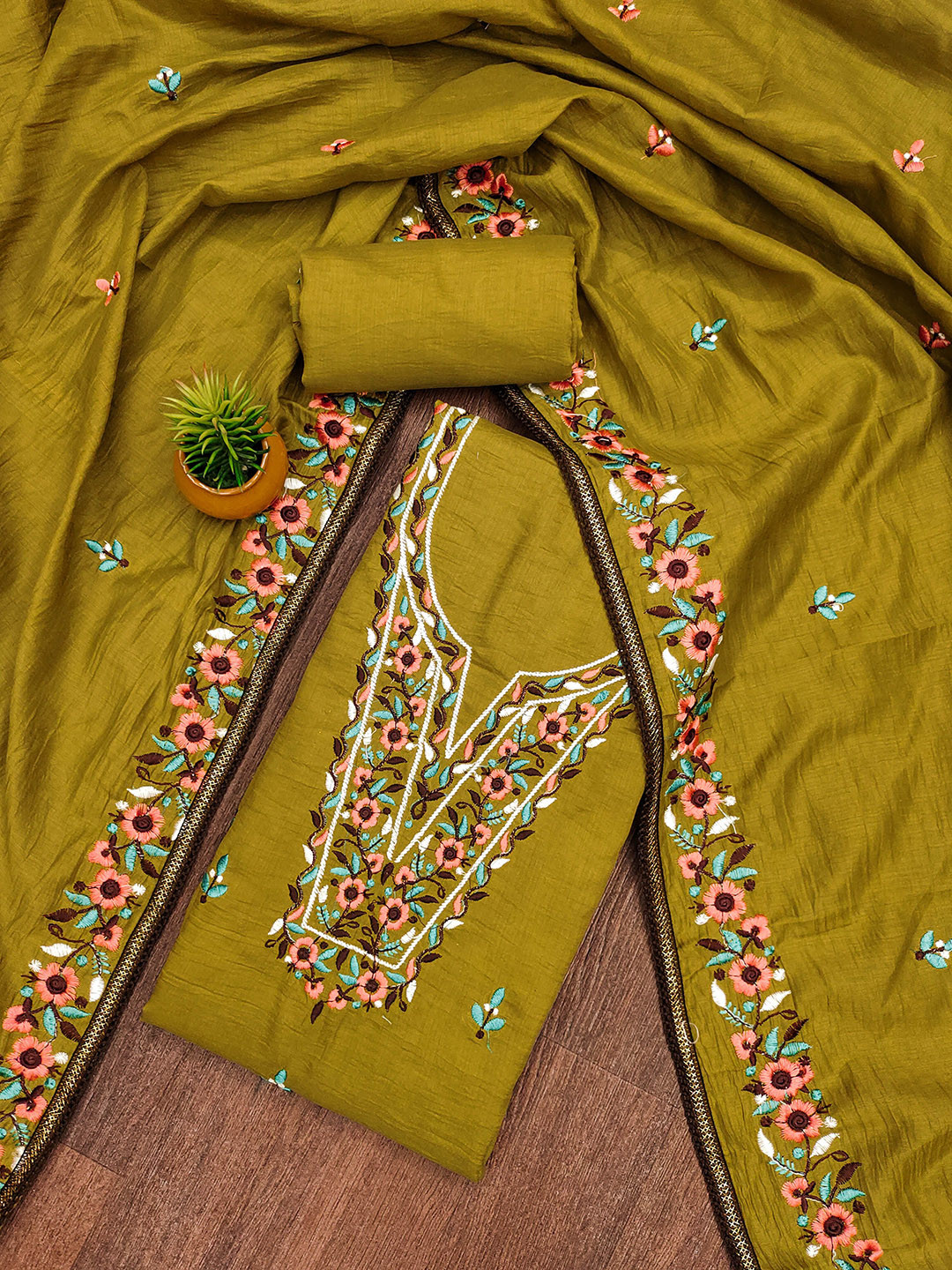 

MANVAA Floral Embroidered Unstitched Dress Material, Green