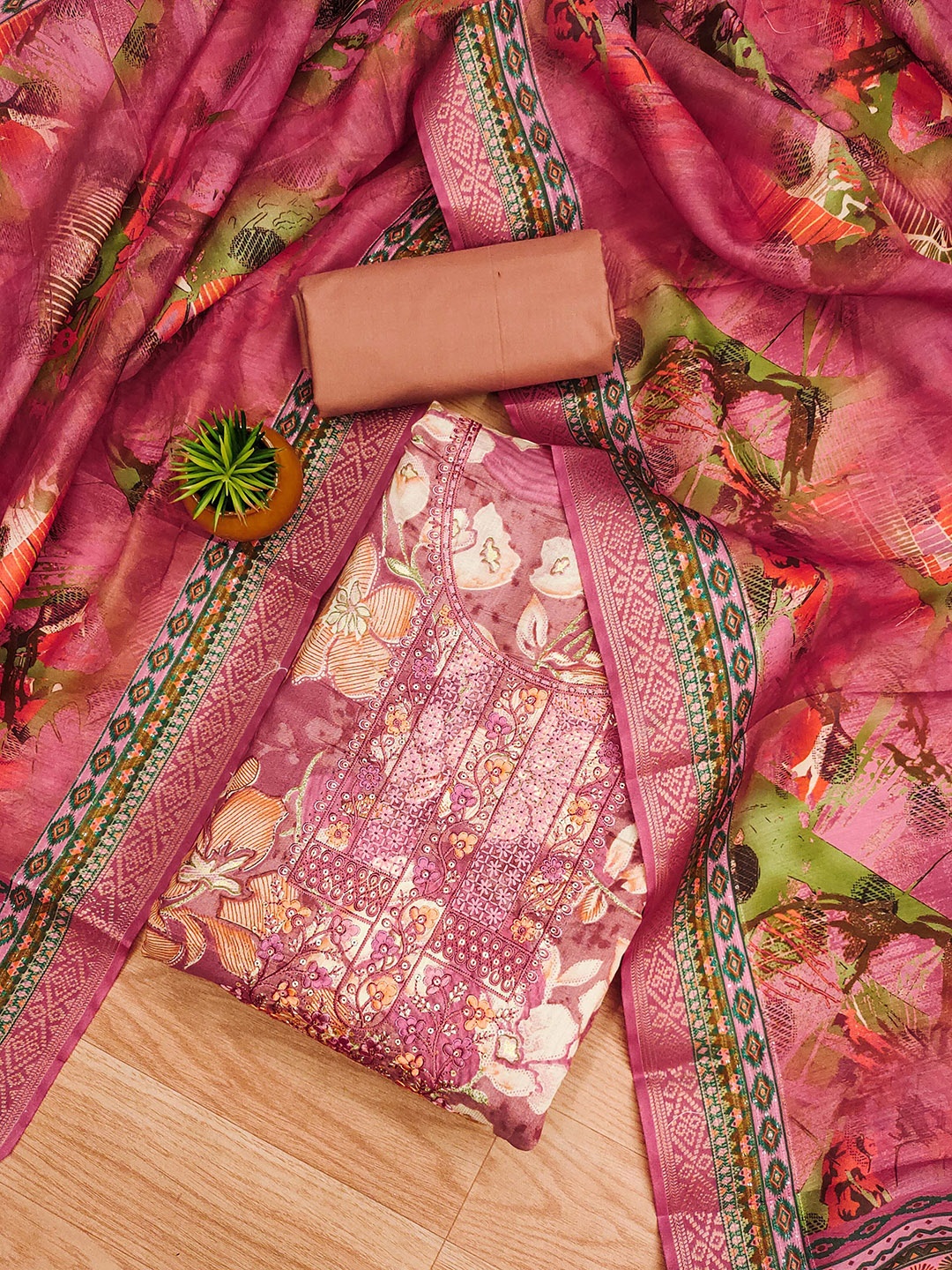 

MANVAA Floral Printed Sequinned Unstitched Dress Material, Pink