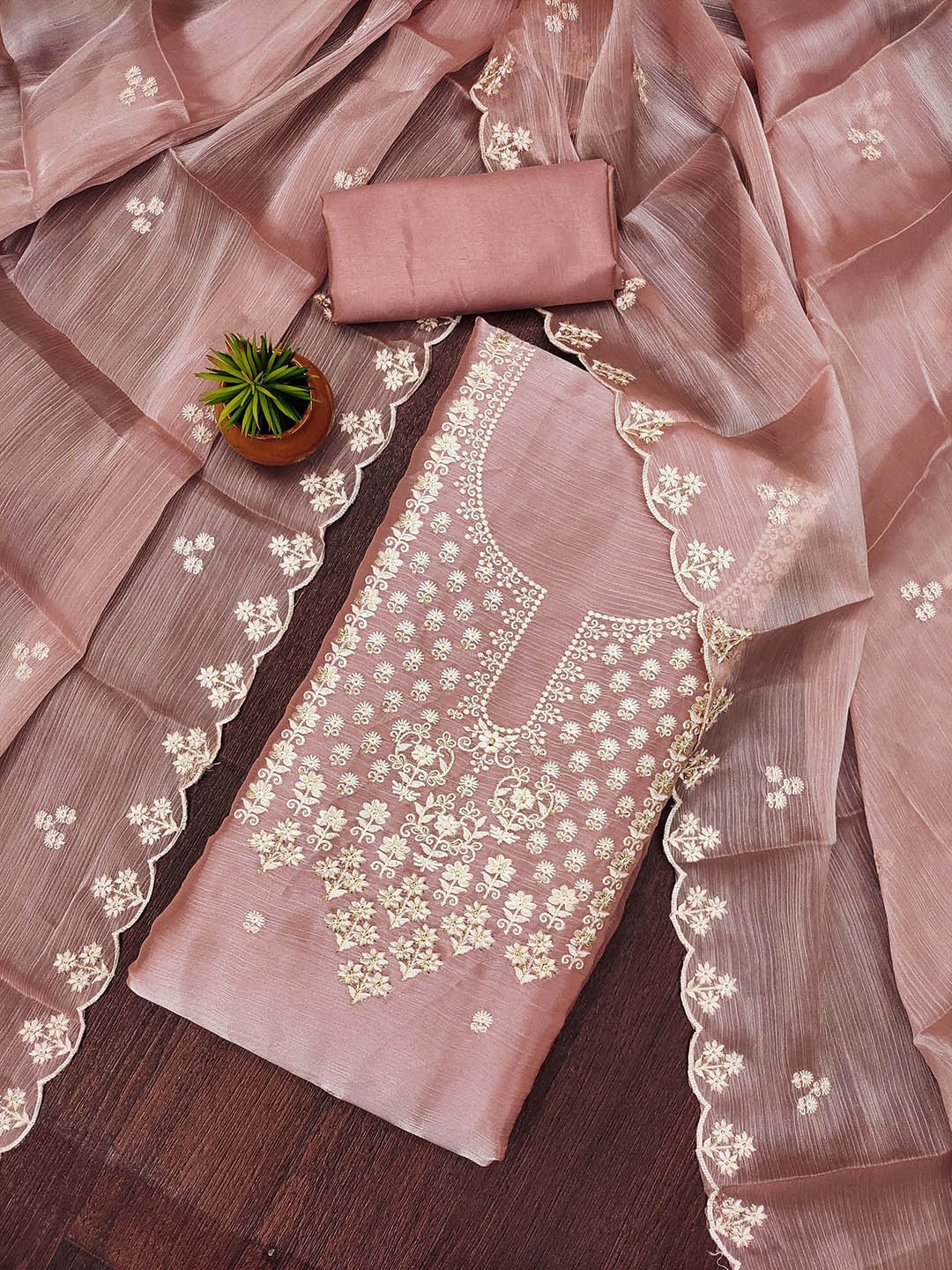 

MANVAA Floral Embroidered Unstitched Dress Material, Pink