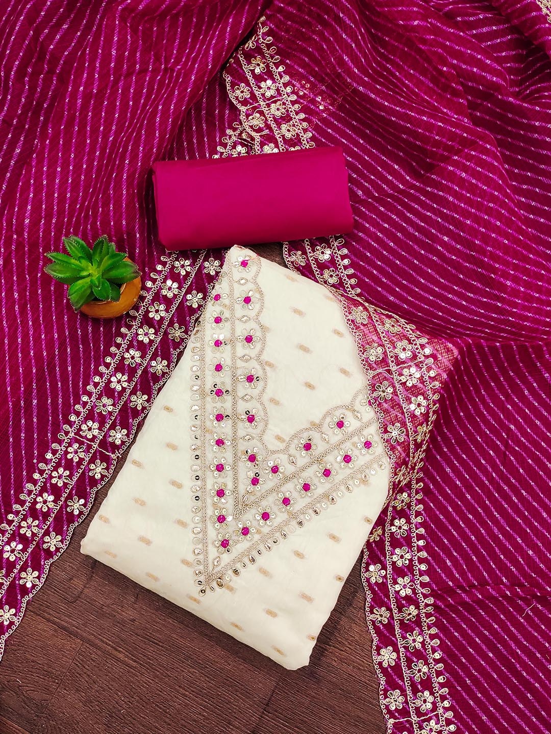 

MANVAA Floral Embroidered Sequinned Unstitched Dress Material, White
