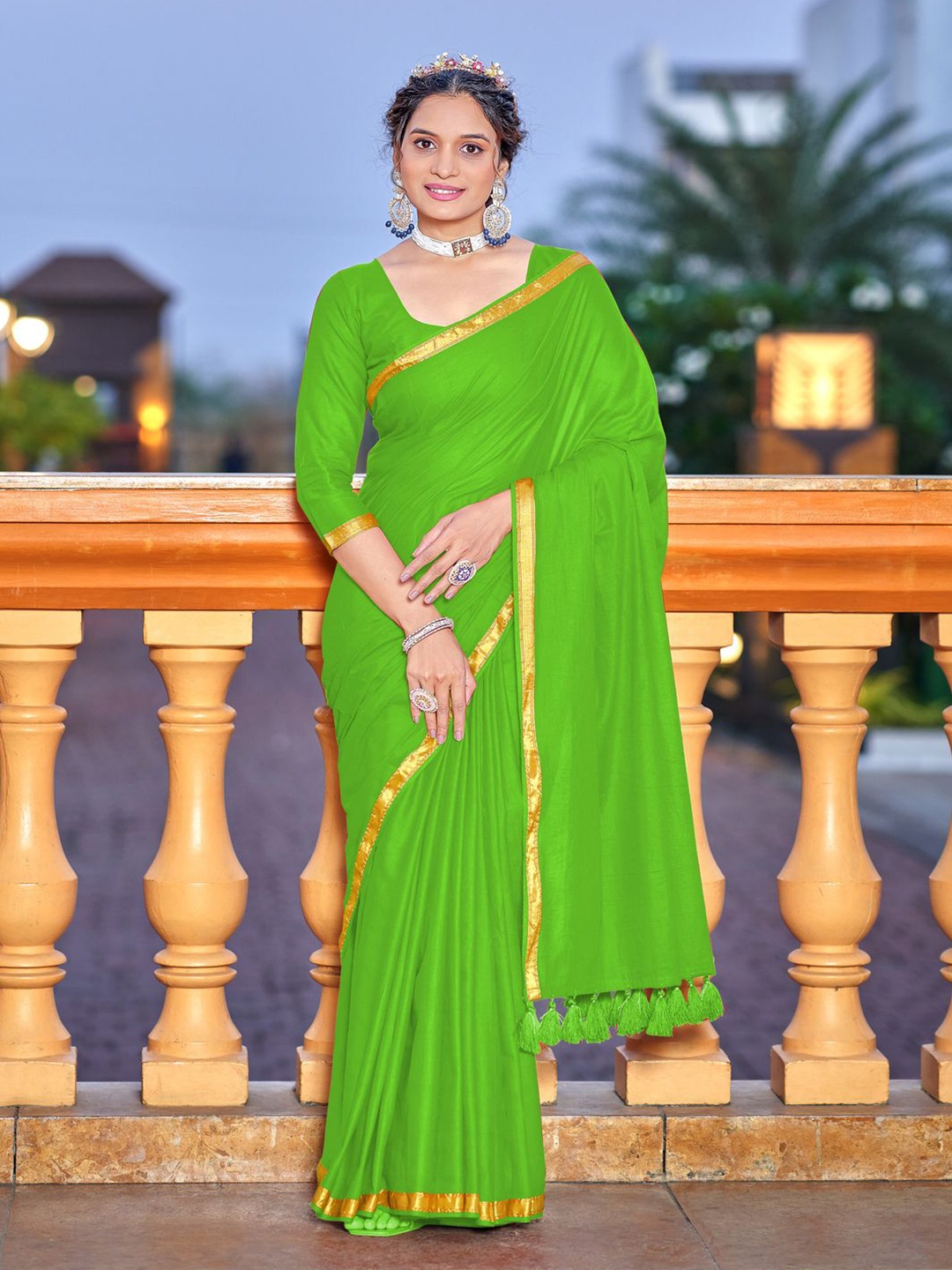 

MOKSHA DESIGNS Zari Pure Cotton Saree, Green