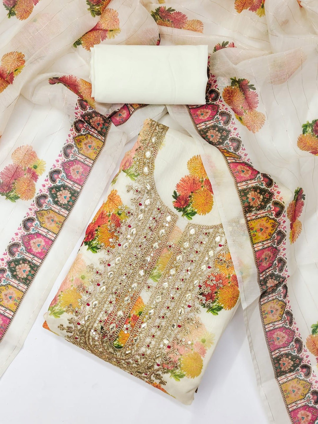 

MANVAA Floral Embroidered Sequinned Unstitched Dress Material, White