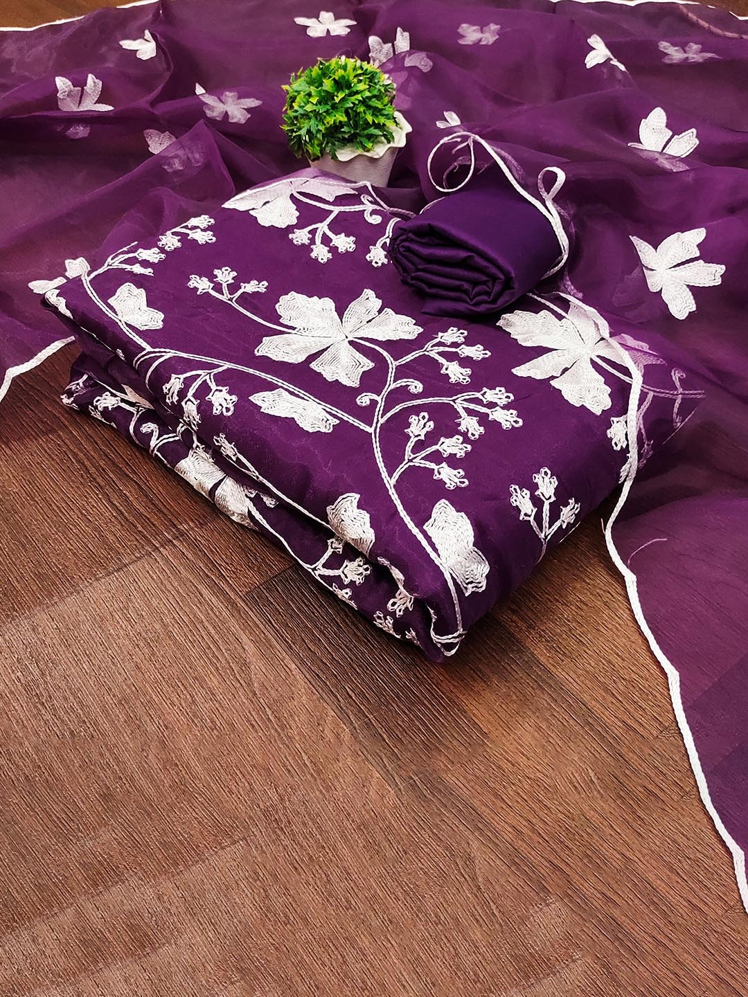 

MANVAA Floral Embroidered Organza Unstitched Dress Material, Violet