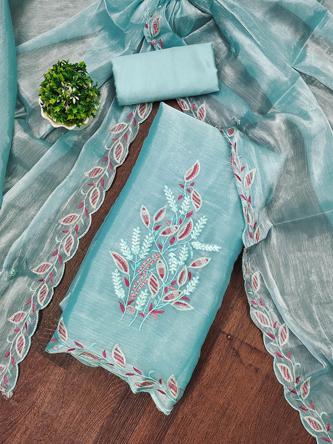 

MANVAA Floral Embroidered Sequinned Unstitched Dress Material, Blue