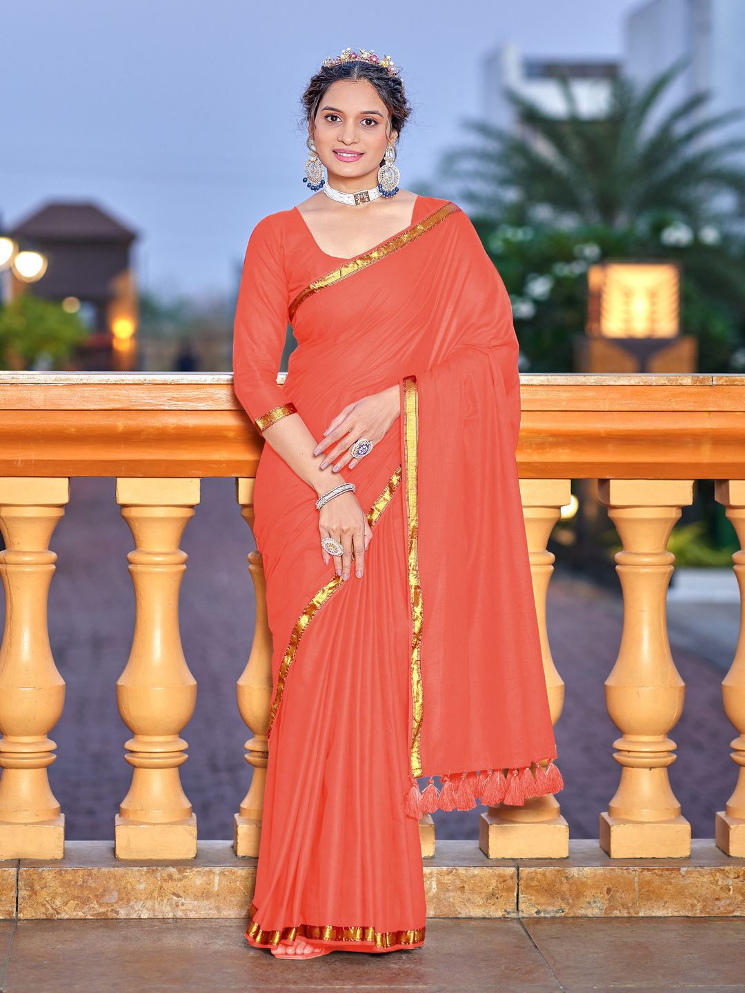 

MOKSHA DESIGNS Pure Cotton Block Print Saree, Orange