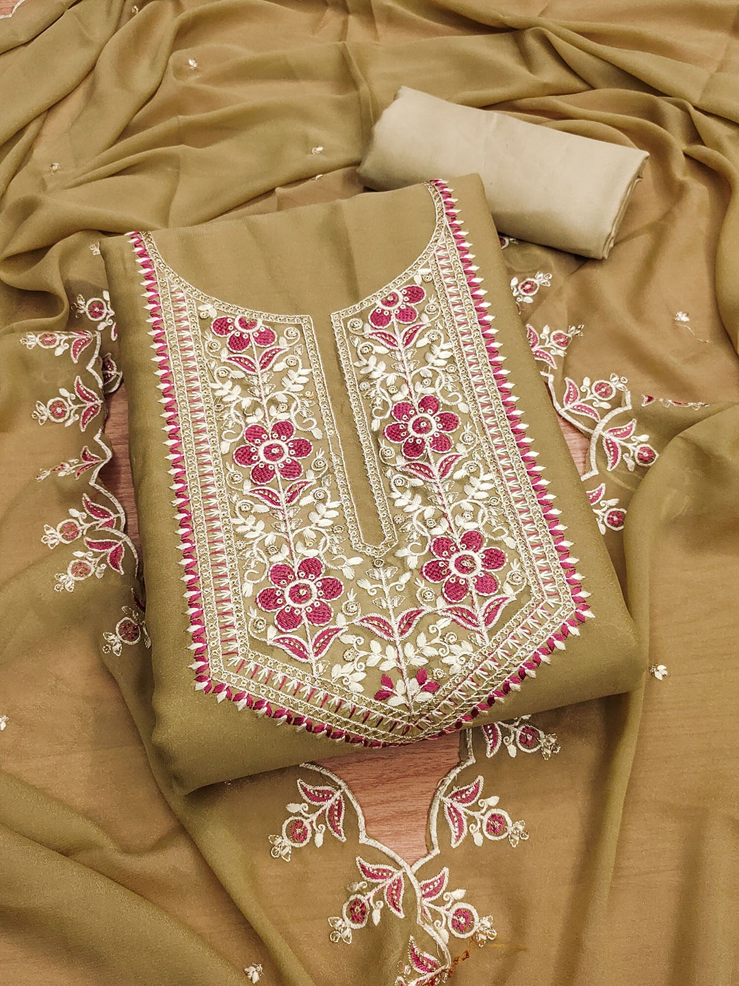 

MANVAA Floral Embroidered Sequinned Unstitched Dress Material, Beige