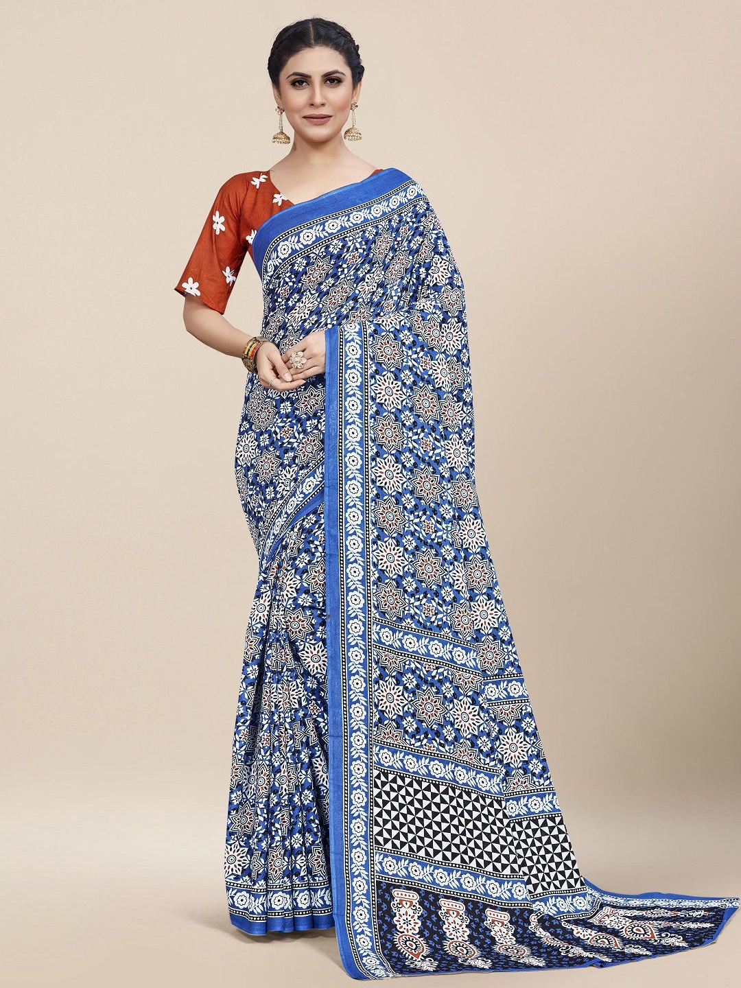 

MOKSHA DESIGNS Ajrak Pure Cotton Handloom Block Print Saree, Blue