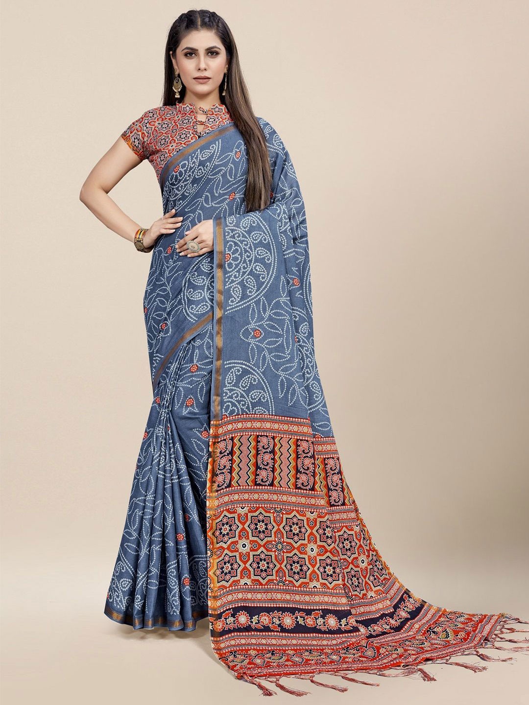 

MOKSHA DESIGNS Ethnic Motifs Pure Cotton Saree, Blue