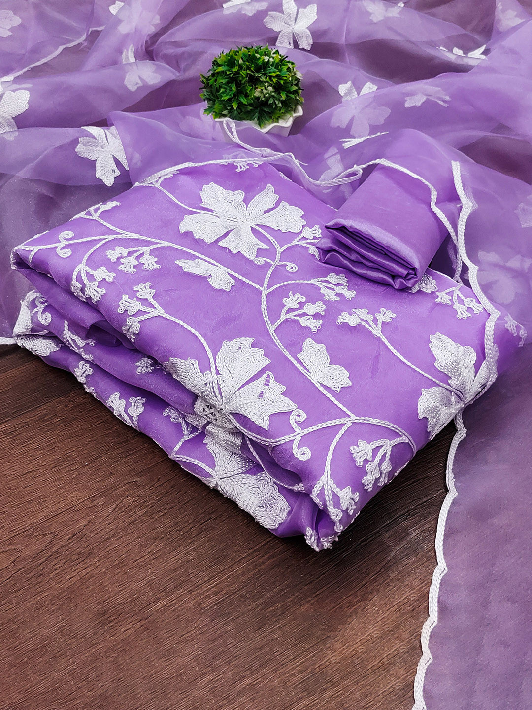 

MANVAA Floral Embroidered Organza Unstitched Dress Material, Purple