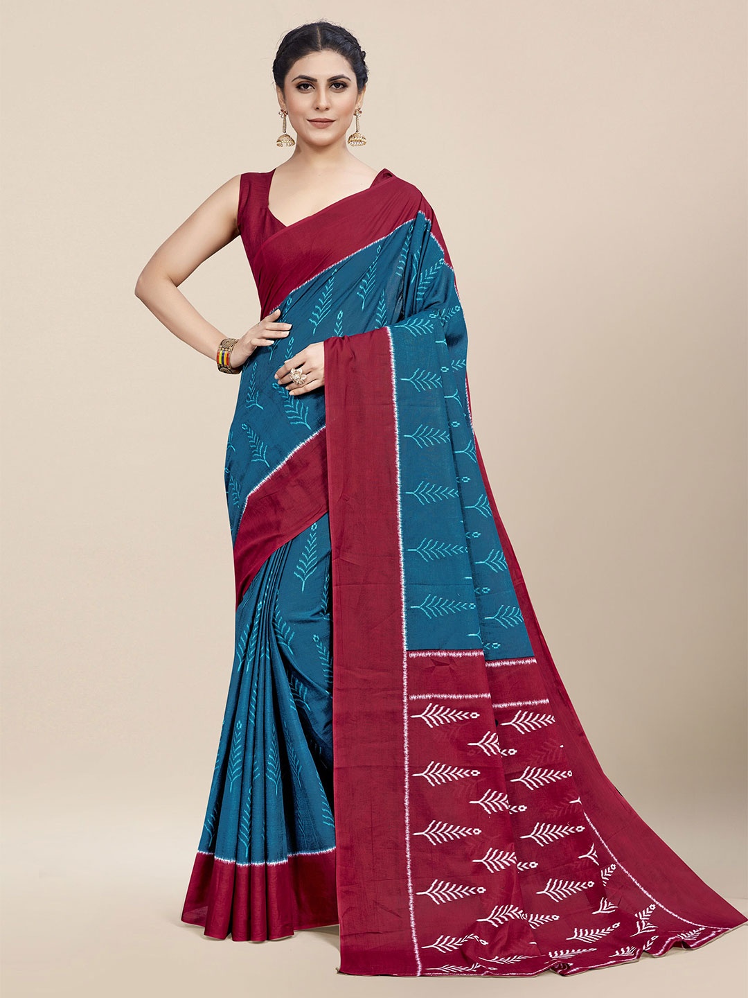 

MOKSHA DESIGNS Ethnic Motifs Printed Pure Cotton Saree, Blue