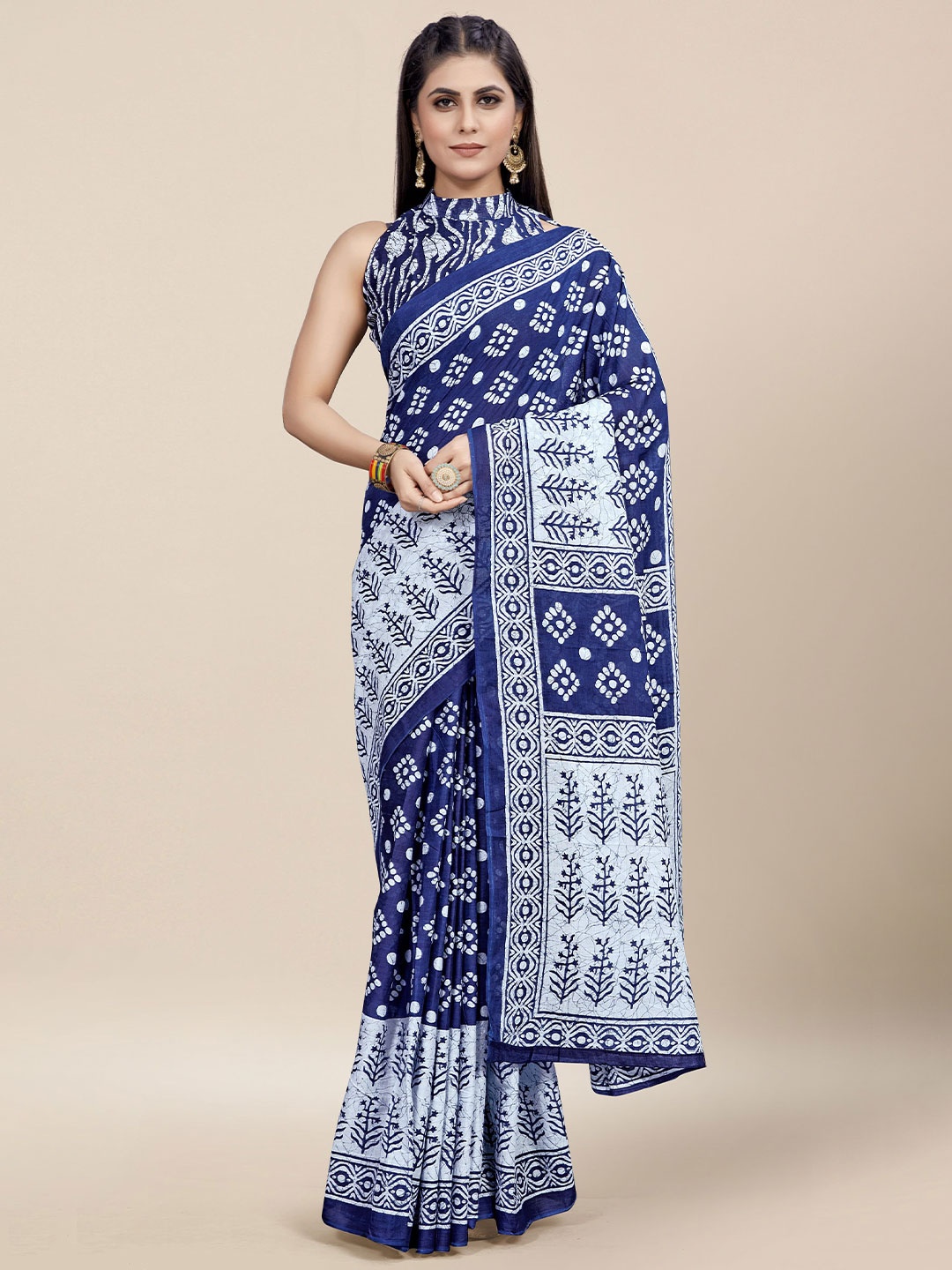 

MOKSHA DESIGNS Ajrak Printed Pure Cotton Handloom Block Print Saree, Blue