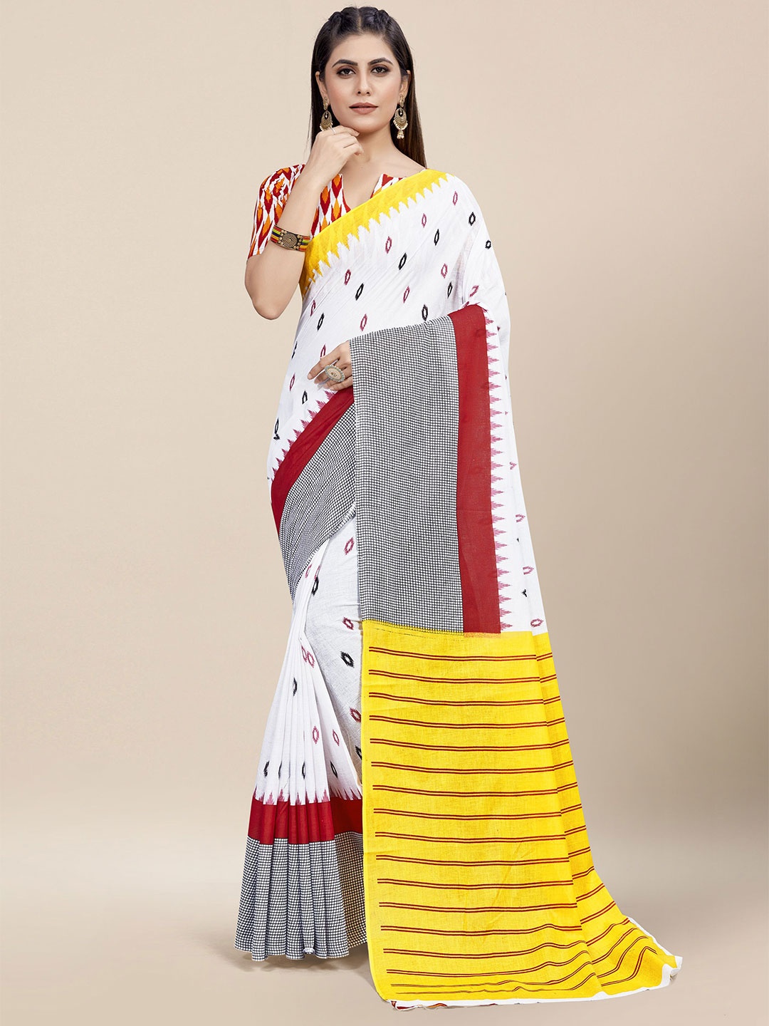 

MOKSHA DESIGNS Ajrak Block Pure Cotton Block Print Saree, White