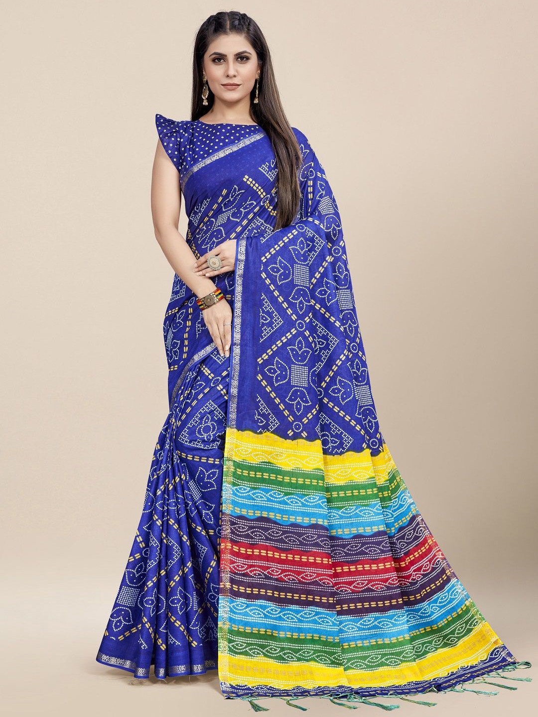 

MOKSHA DESIGNS Bandhani Zari Pure Cotton Saree, Blue