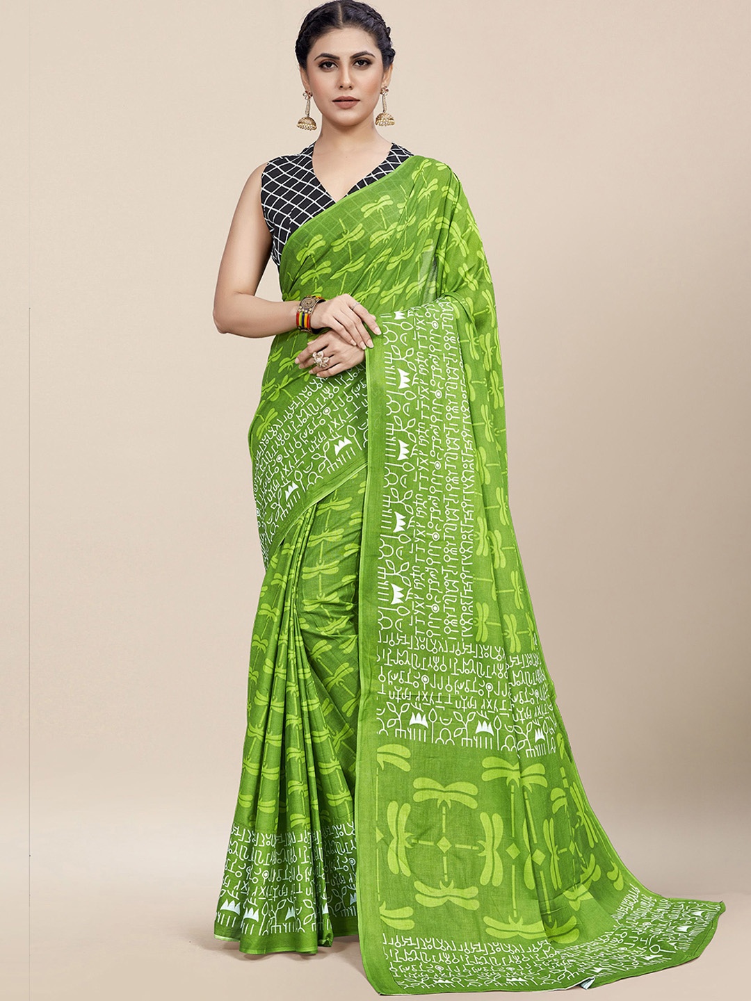 

MOKSHA DESIGNS Abstract Printed Pure Cotton Saree, Green