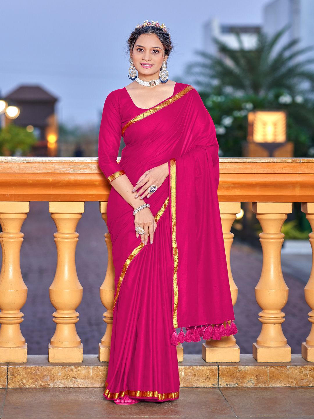 

MOKSHA DESIGNS Zari Pure Cotton Block Print Saree, Pink