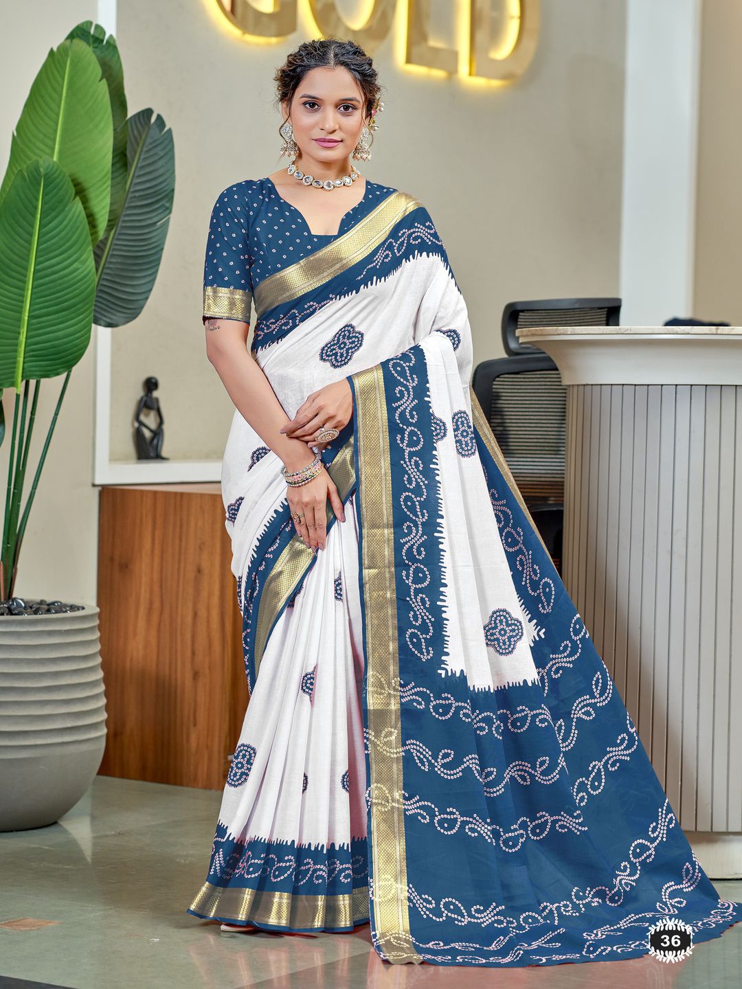 

MOKSHA DESIGNS Bandhani Zari Pure Cotton Block Print Saree, White