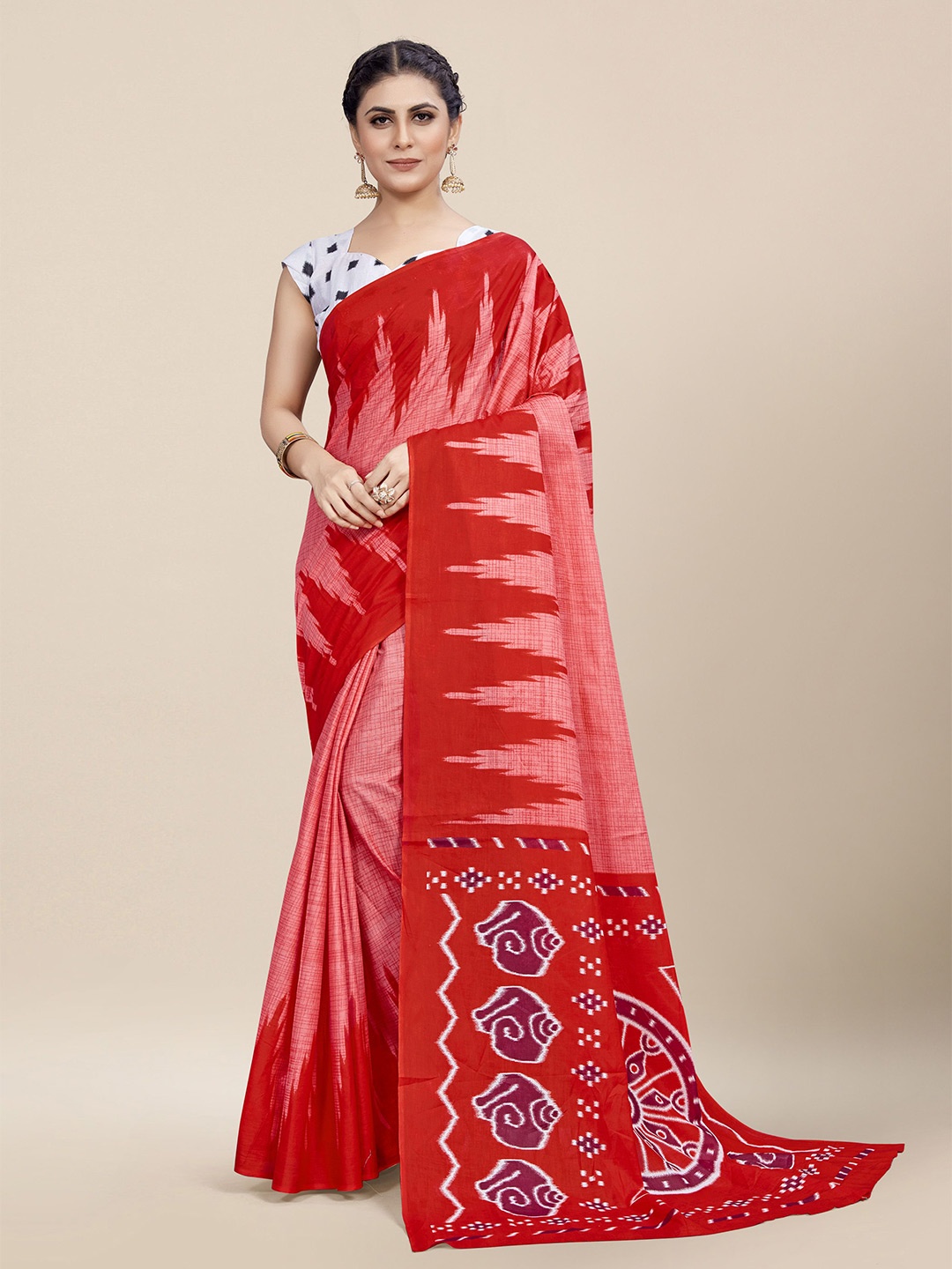 

MOKSHA DESIGNS Ajrak Block Pure Cotton Colourblocked Handloom Saree, Red