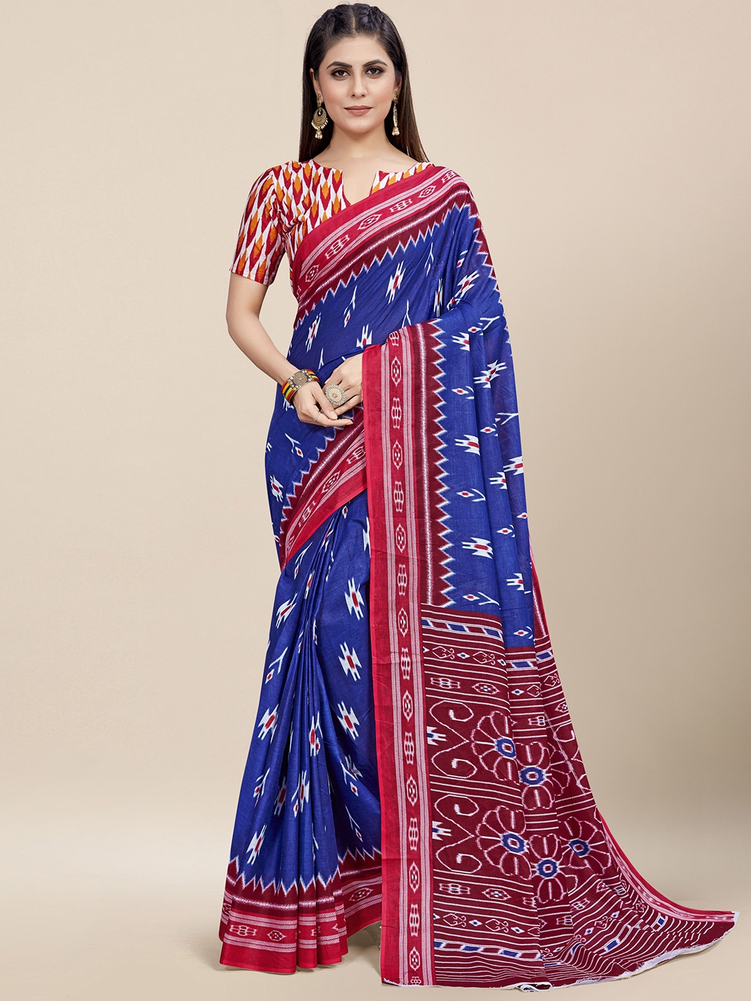 

MOKSHA DESIGNS Ajrak Pure Cotton Handloom Block Print Saree, Blue