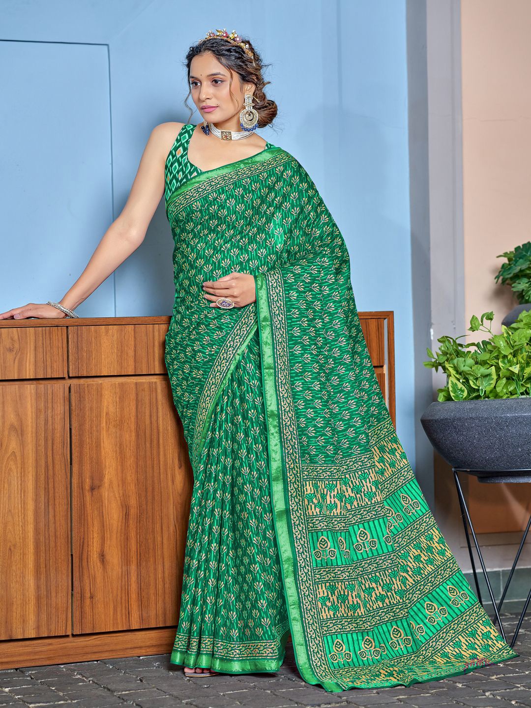 

MOKSHA DESIGNS Ajrak Printed Pure Cotton Block Print Saree, Green