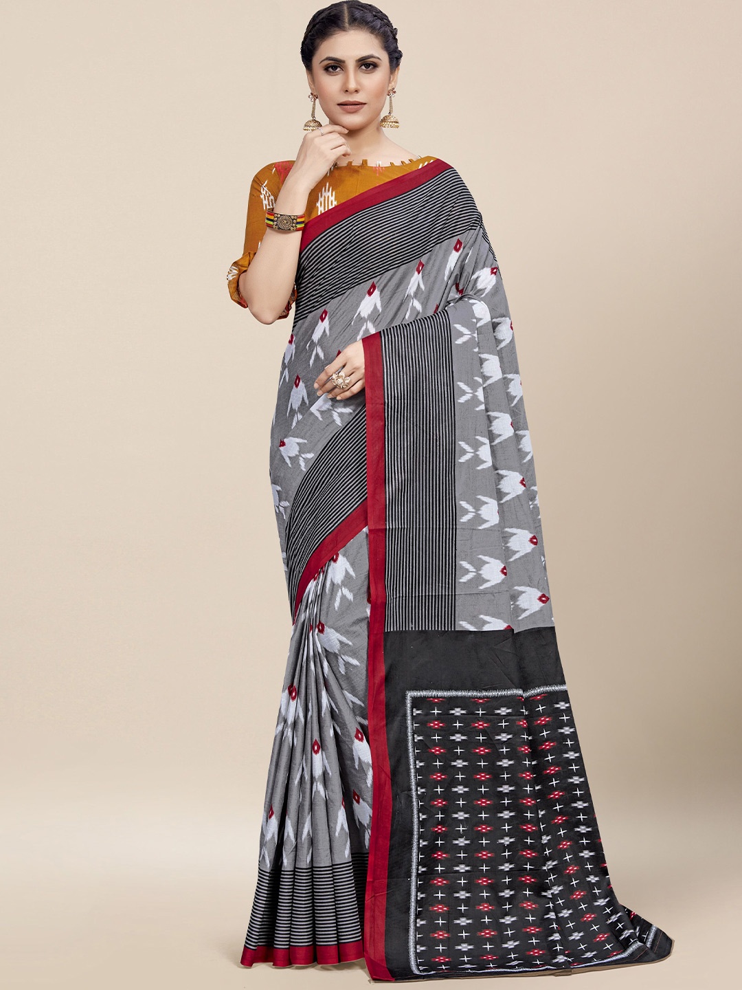 

MOKSHA DESIGNS Ajrak Printed Pure Cotton Block Print Saree, Grey