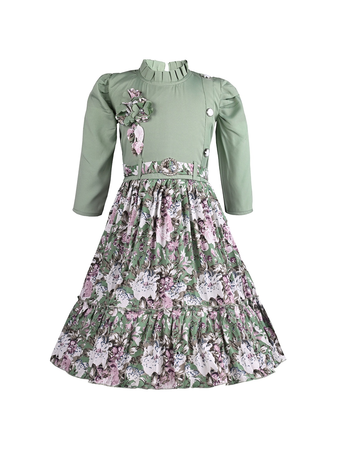 

Wish Karo Girls Floral Print Satin Fit & Flare Dress Comes with a belt, Green