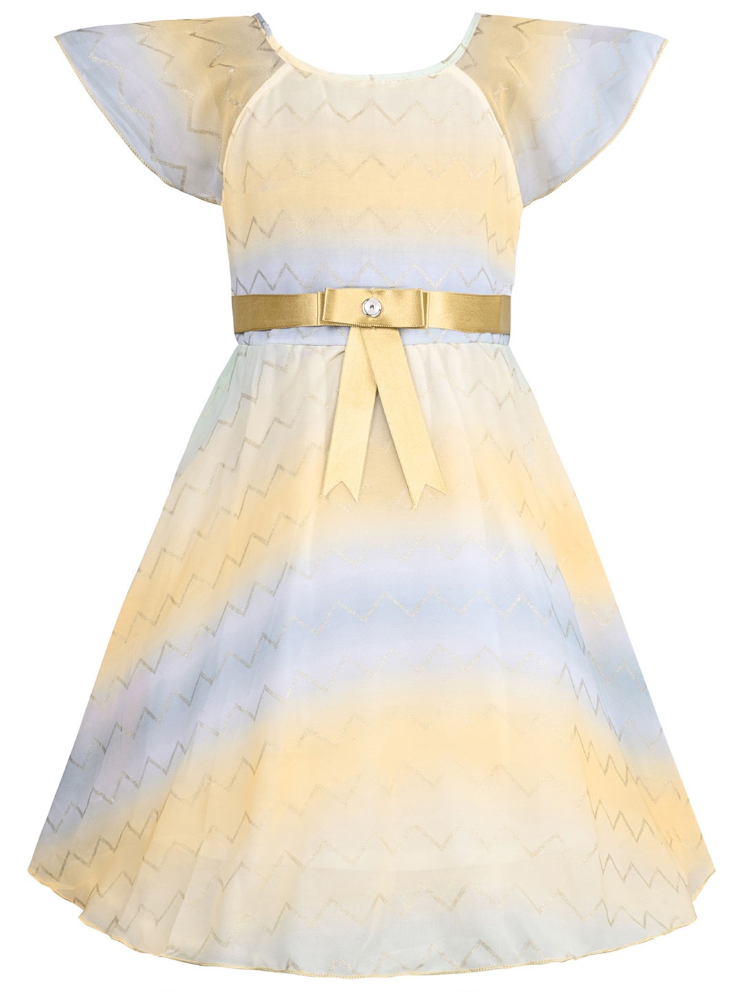 

Wish Karo Girls Chevron Printed Satin Flared Sleeves A-Line Dress, Yellow