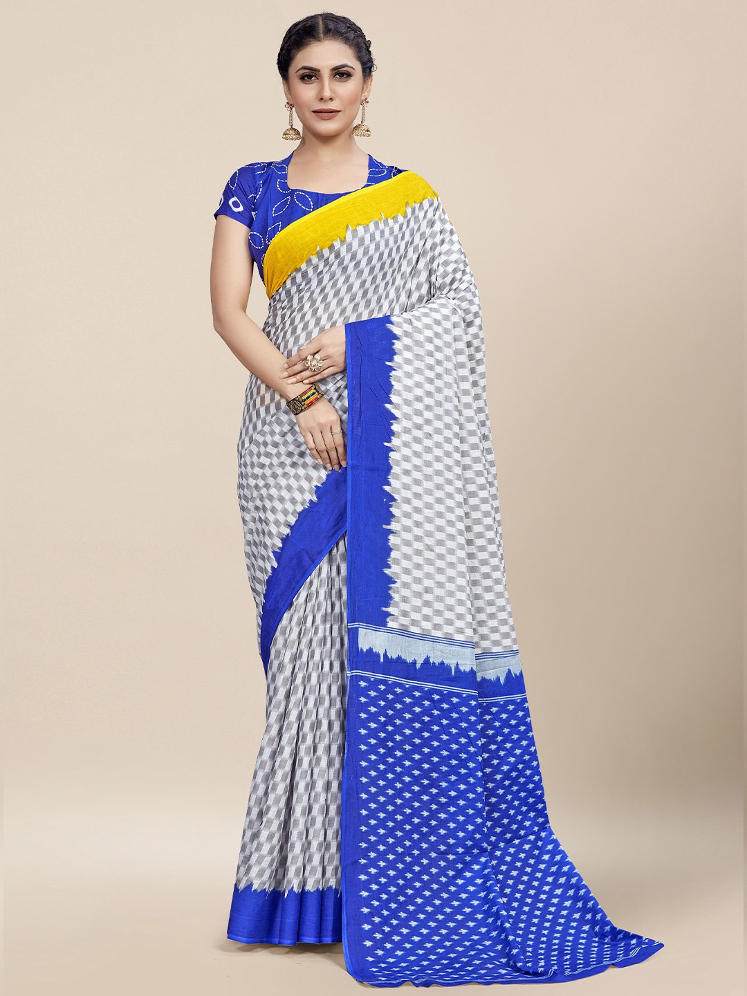 

MOKSHA DESIGNS Ajrak Block Pure Cotton Block Print Saree, White