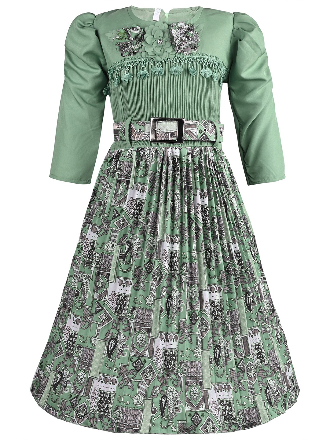 

Wish Karo Girls Printed Satin Pleated Fit & Flare Dress With Belt, Green