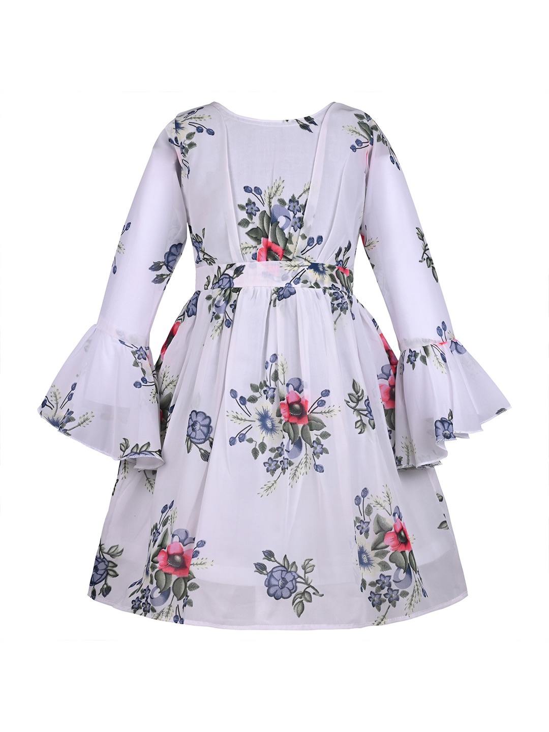 

Wish Karo Girls Floral Printed Bell Sleeve Georgette Fit & Flare Dress, Grey