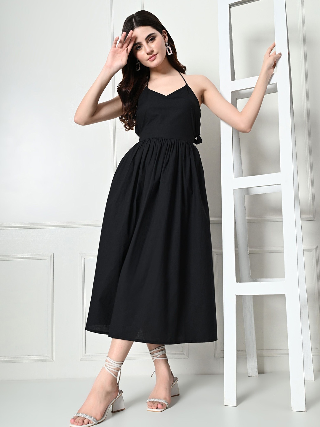 

Label Tamanna Rungta Women Halter Neck Fit and Flare Midi Dress, Black