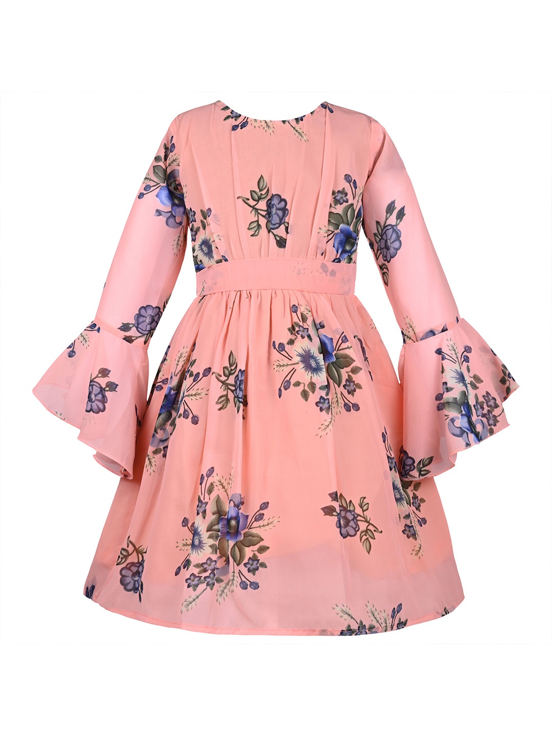 

Wish Karo Girls Floral Printed Bell Sleeve Tie-Ups Fit & Flare Dress, Peach