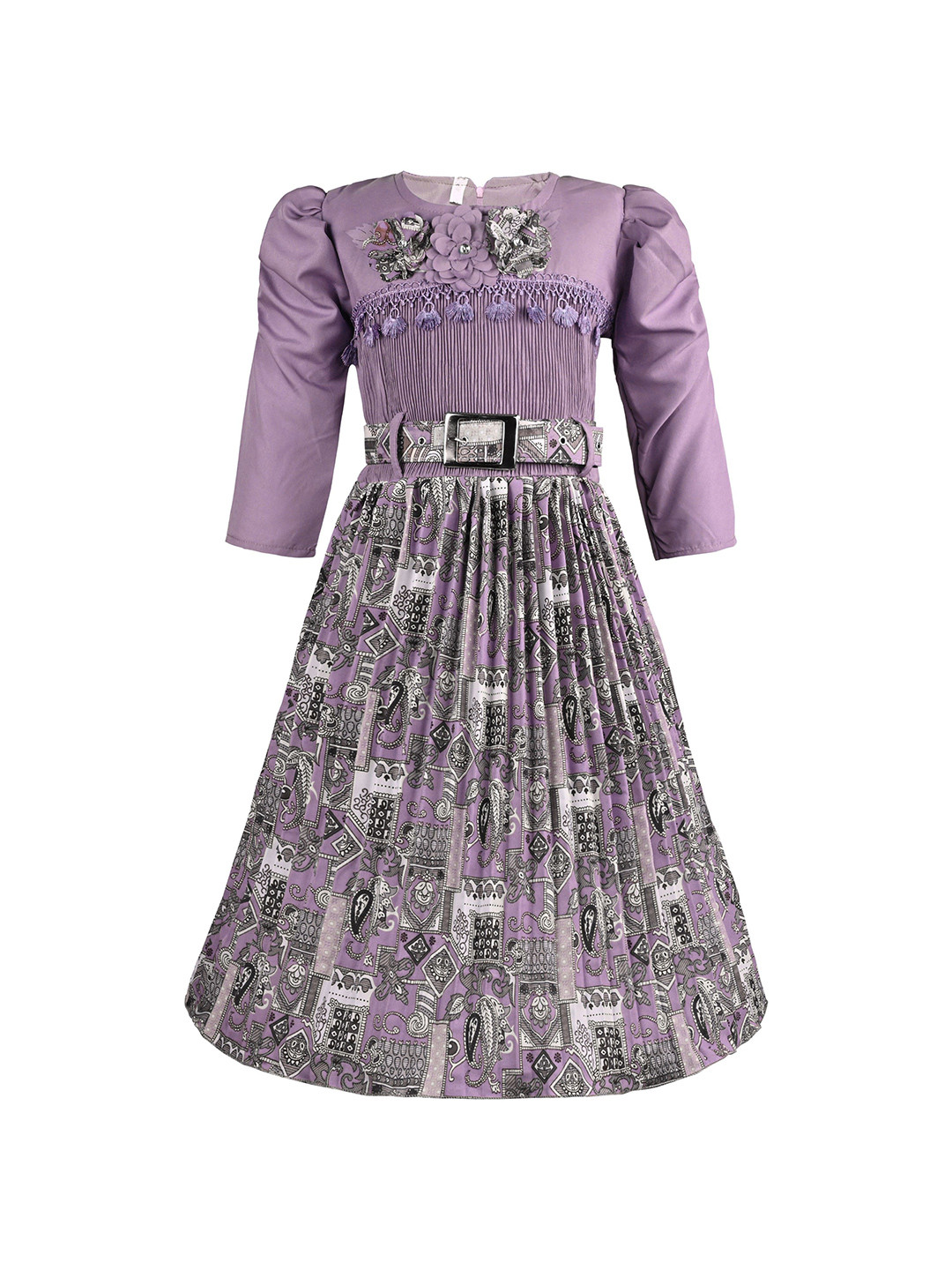 

Wish Karo Girls Bohemian Printed Fit & Flare Dress With Belt, Purple