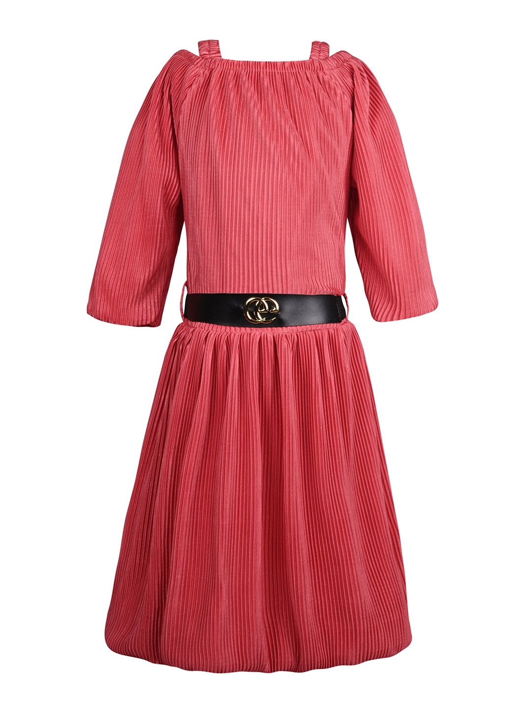 

Wish Karo Girls Cold-Shoulder Sleeves Satin Fit and Flare Dress, Red