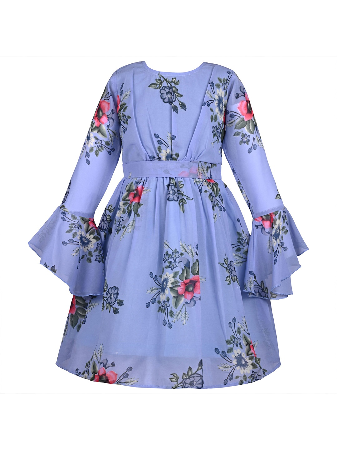 

Wish Karo Girls Floral Printed Bell Sleeve Georgette Fit & Flare Dress, Blue