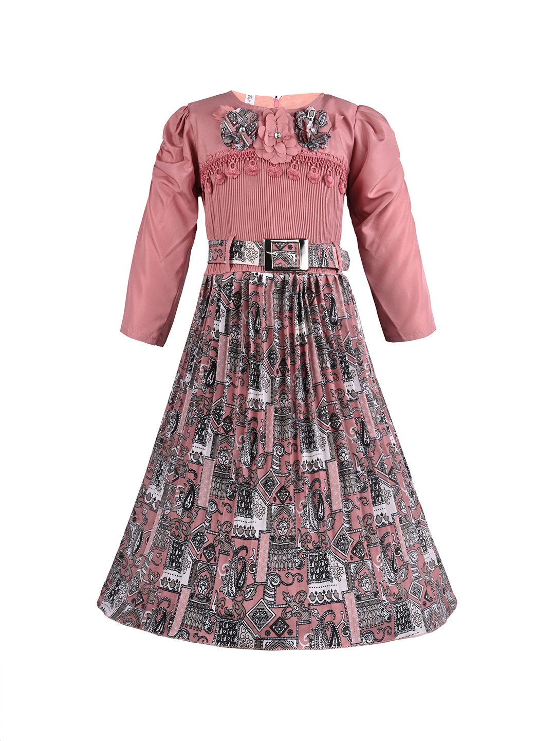 

Wish Karo Girls Ethnic Motifs Printed Fit & Flare Knee Length Dress, Peach