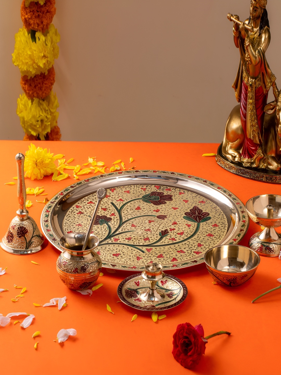 

TYOOHAR Gold Toned Two-Tone Pooja Thali Set