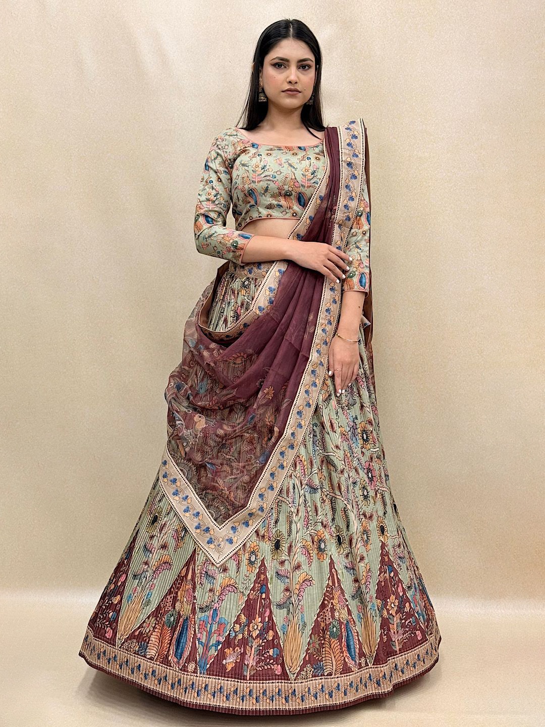 

KUNDAN FAB Printed Ready to Wear Lehenga & Blouse With Dupatta, Green