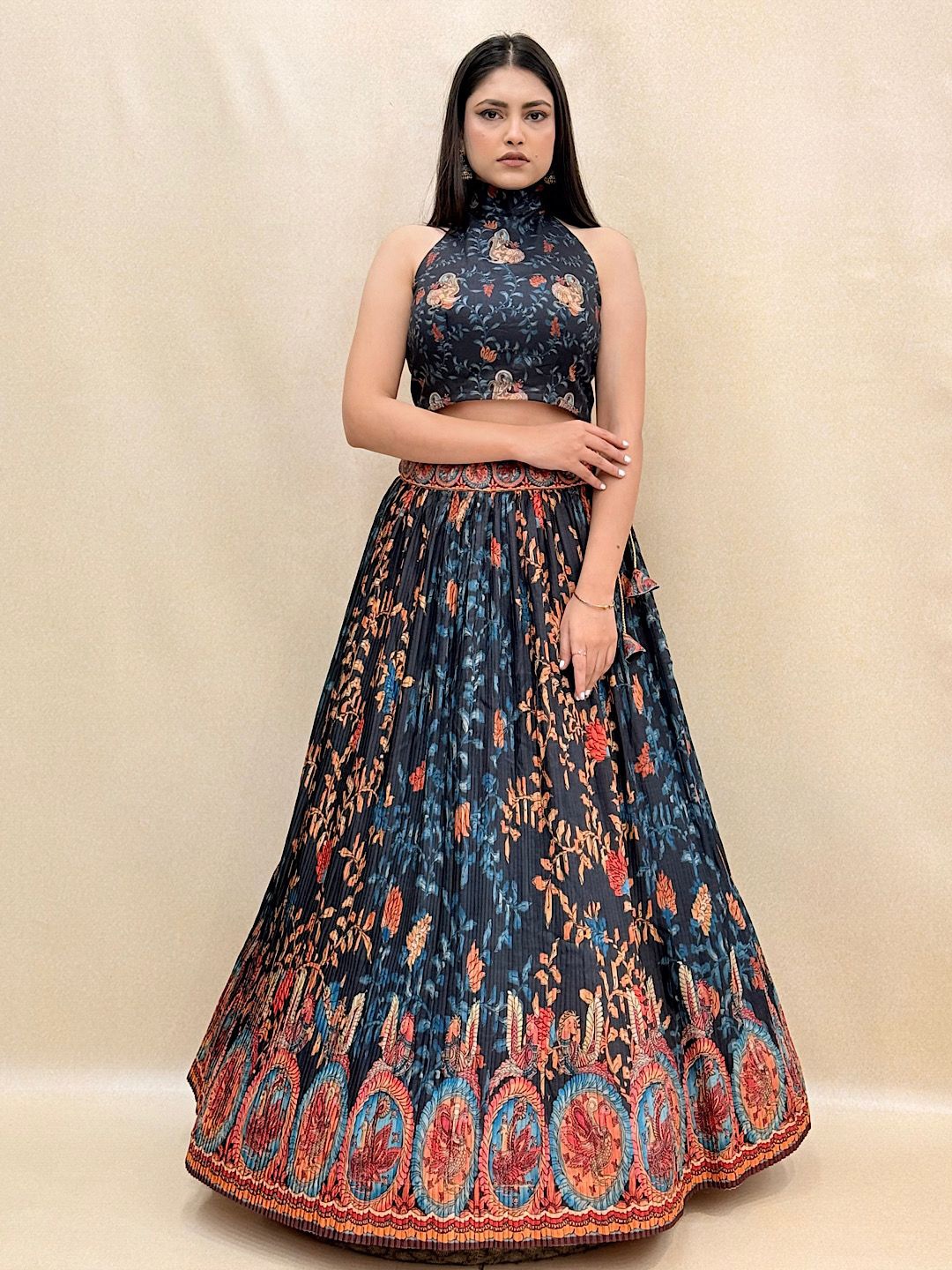 

KUNDAN FAB Printed Ready to Wear Lehenga & Blouse With Dupatta, Navy blue