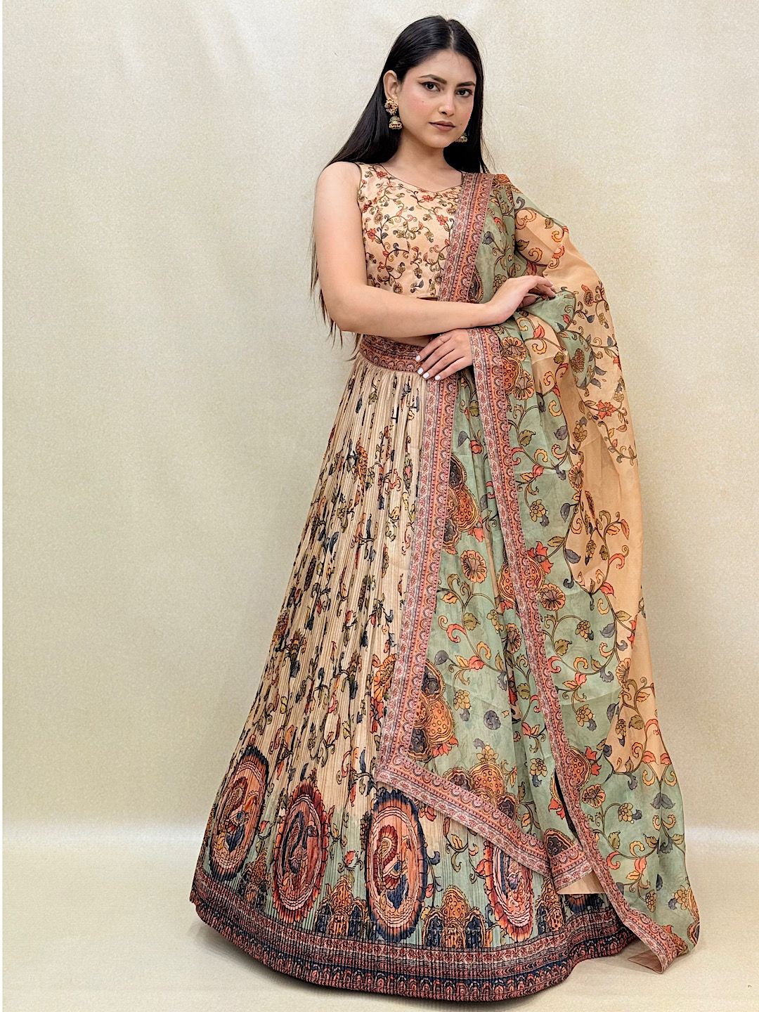 

KUNDAN FAB Printed Ready to Wear Lehenga & Blouse With Dupatta, Cream
