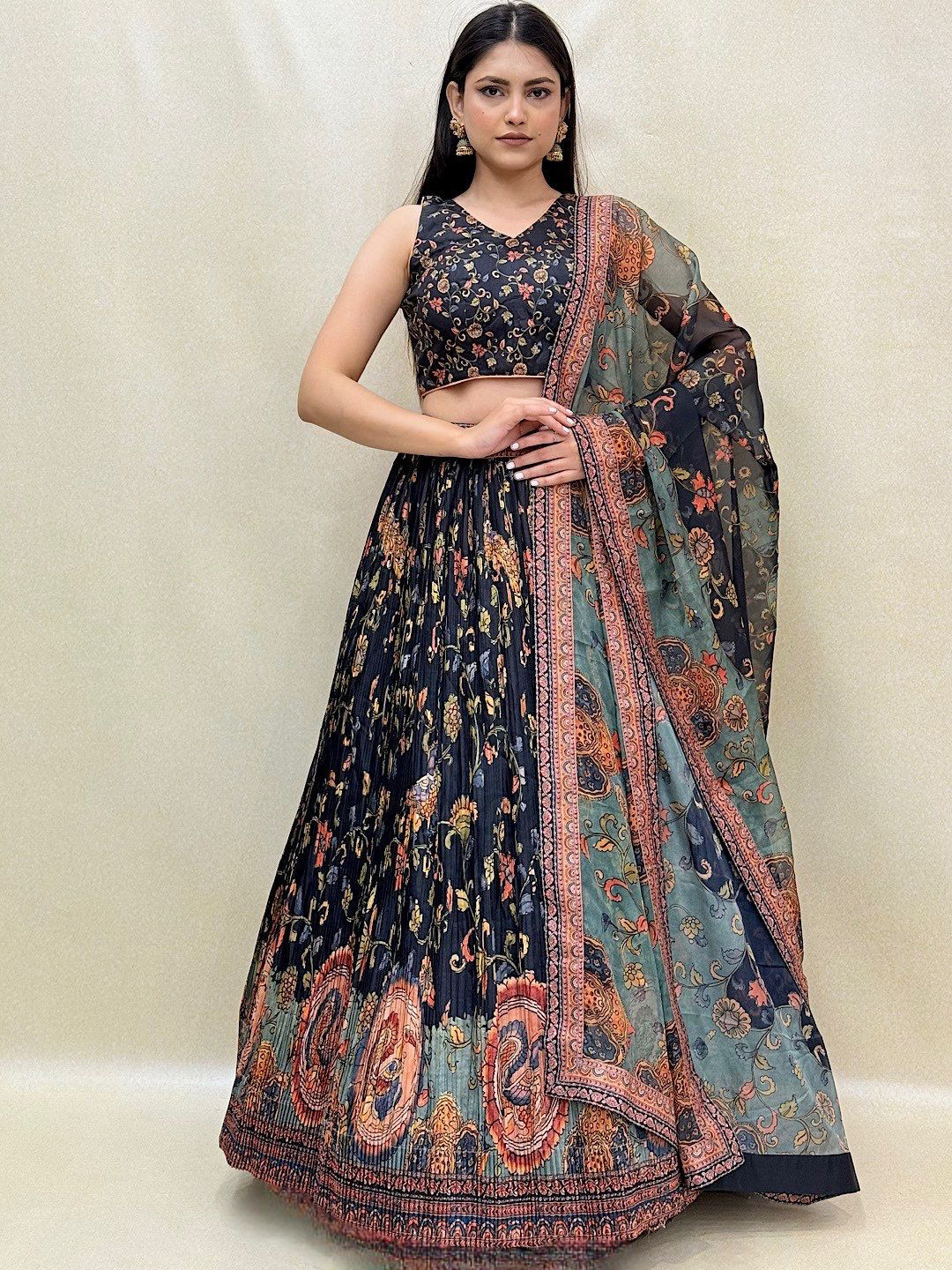 

KUNDAN FAB Printed Ready to Wear Lehenga & Blouse With Dupatta, Navy blue