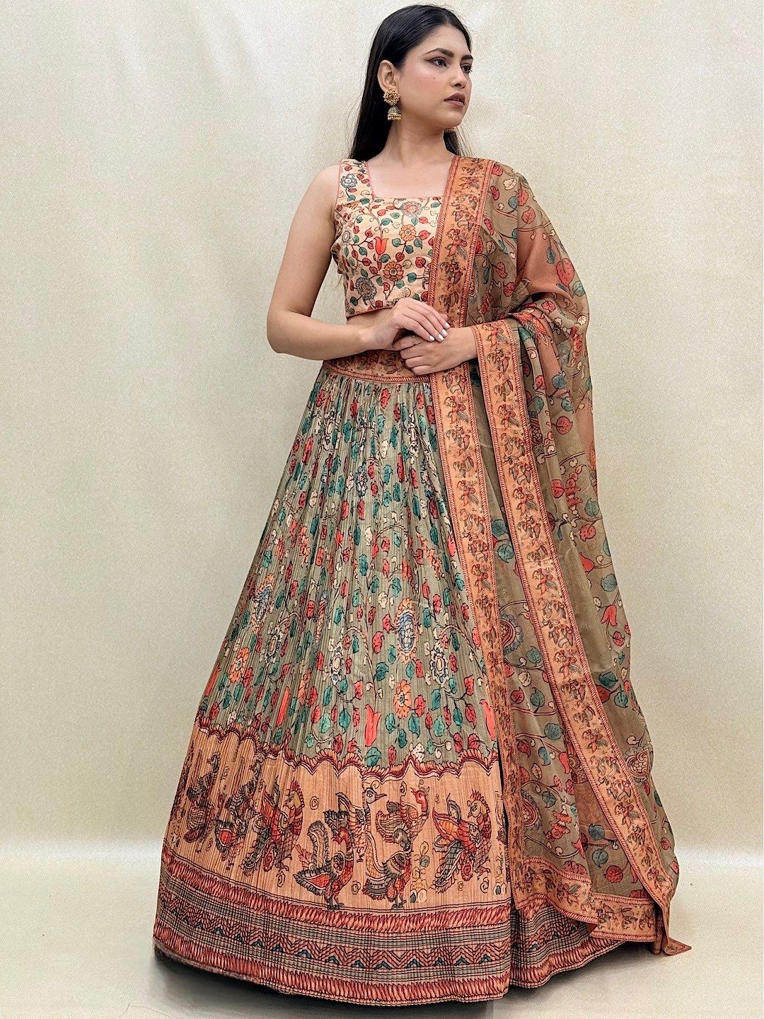 

KUNDAN FAB Printed Ready to Wear Lehenga & Blouse With Dupatta, Green