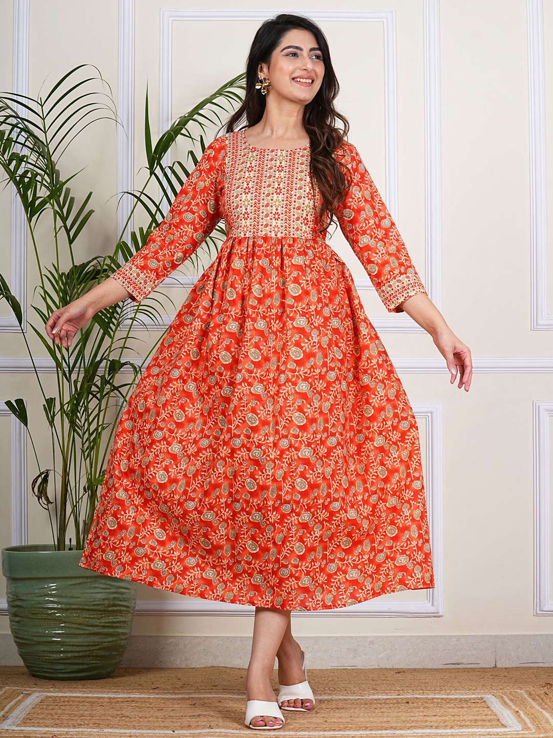 

SITA FASHION HUB Women Floral Printed Fit and Flare Dresses, Orange